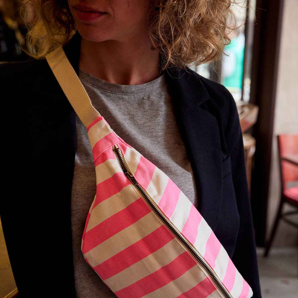 Bananenbeutel Ecru/Neonpink gestreift