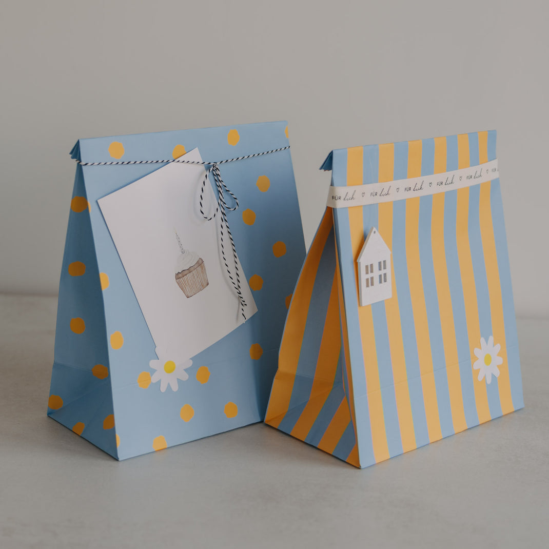 Papiertüten Streifen & Punkte Blau M im 6er Set