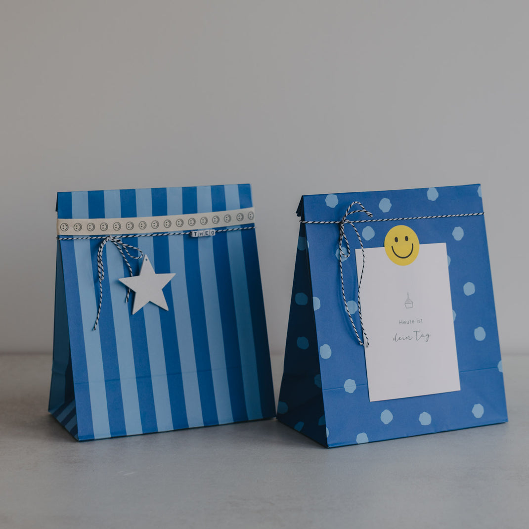 Papiertüten Streifen & Punkte Blau M im 6er Set