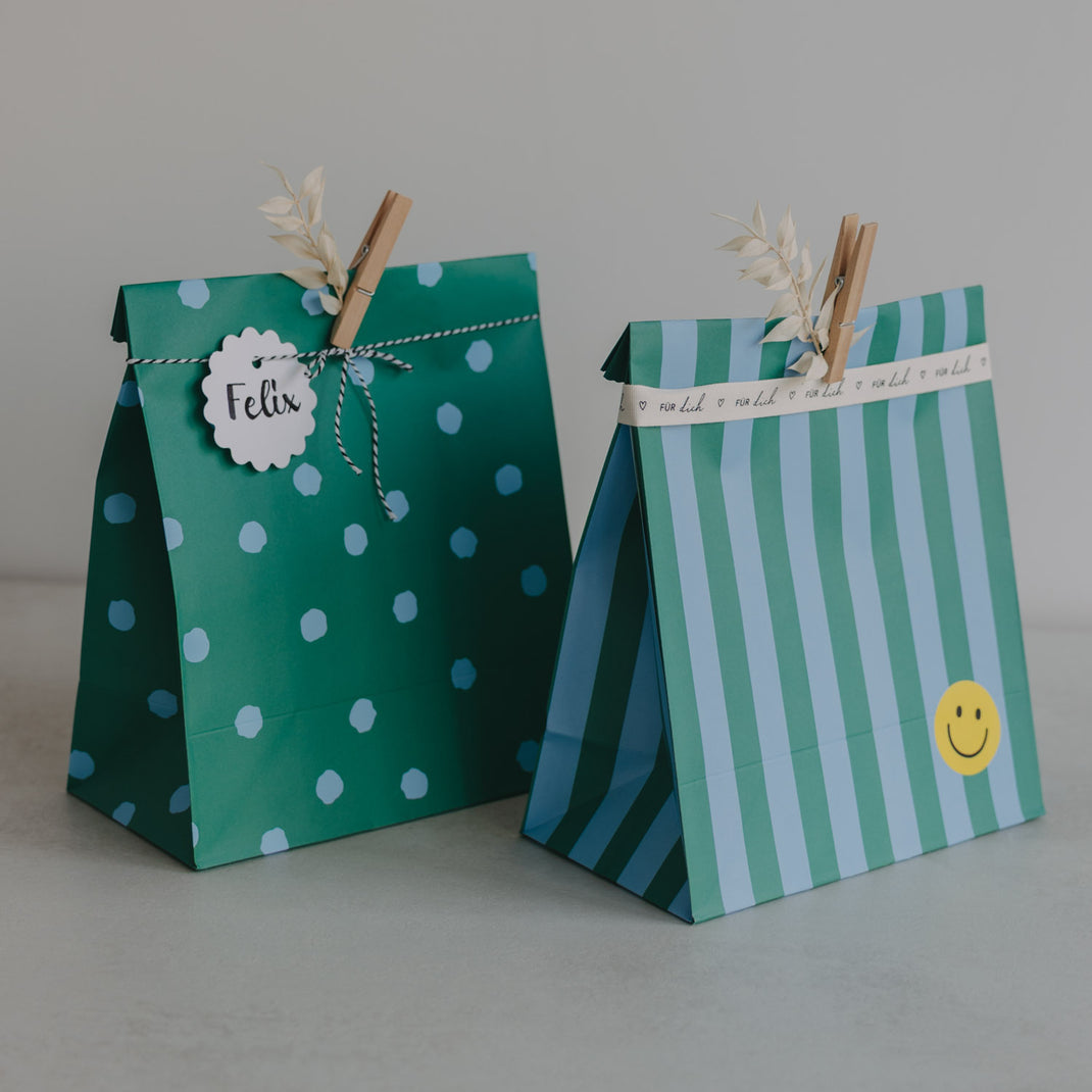 Papiertüten Streifen & Punkte Blau M im 6er Set